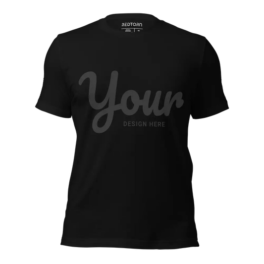 Custom black t-shirt apparel with white Your Design Here text, short-sleeved crew neck