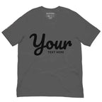 Custom text t-shirt in charcoal gray with red logo on back