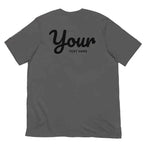 Charcoal gray custom text t-shirt with black script design from Redtorn Clothing