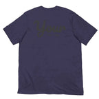 Navy blue custom text t-shirt with cursive your on back from Redtorn Clothing