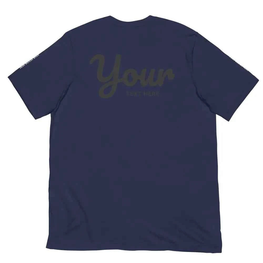 Navy blue custom text t-shirt with cursive your on back by Redtorn Clothing