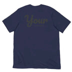 Navy blue custom text t-shirt with cursive your on back by Redtorn Clothing
