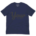 Navy blue custom text t-shirt with gold cursive your and sleeve logo