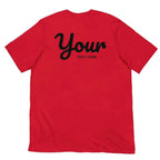 Red custom text t-shirt with black text design on front