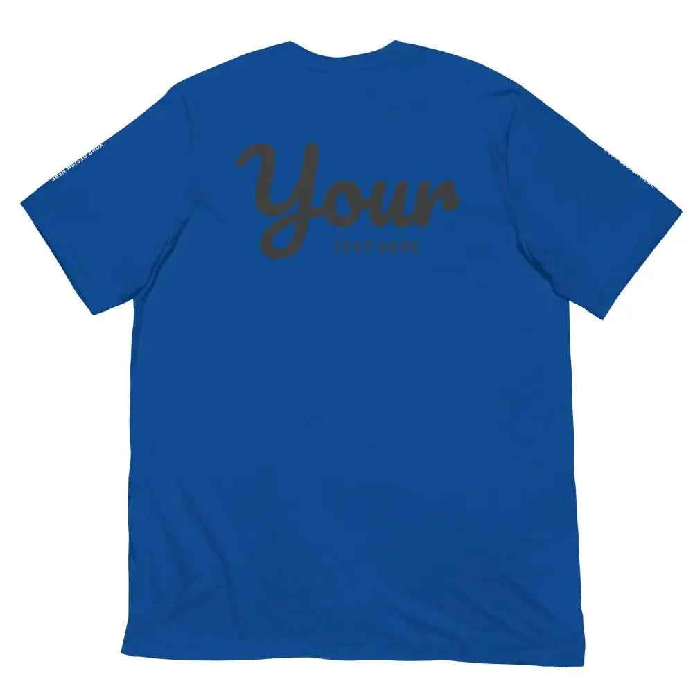 Royal blue custom text t-shirt with cursive your design from Redtorn Clothing