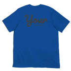 Royal blue custom text t-shirt with cursive your design from Redtorn Clothing