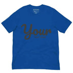 Royal blue custom text t-shirt with cursive your print