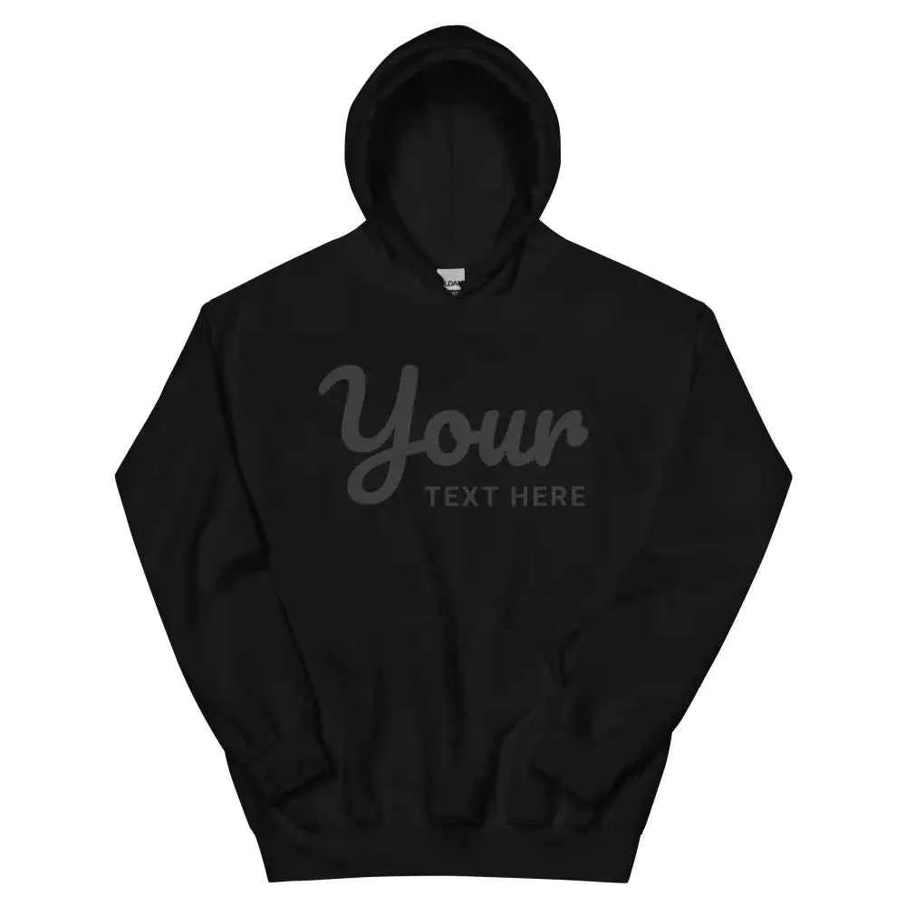 Premium unisex hoodie with custom text design on black cotton-poly blend