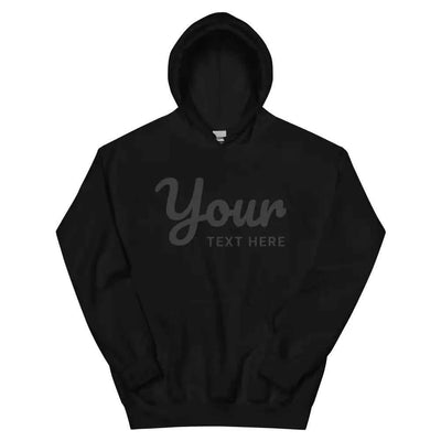 Customizable unisex hoodie in black cotton-polyester blend with front text design