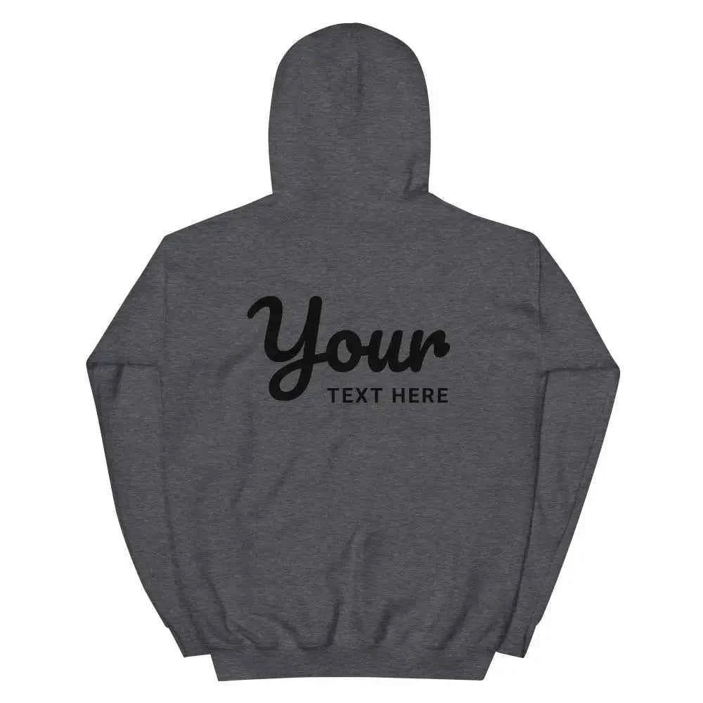 Charcoal heather premium unisex hoodie with custom black text design
