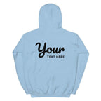 Light blue premium unisex hoodie with custom text design on back