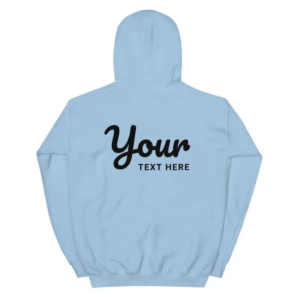 Light blue premium unisex hoodie with custom text design on back