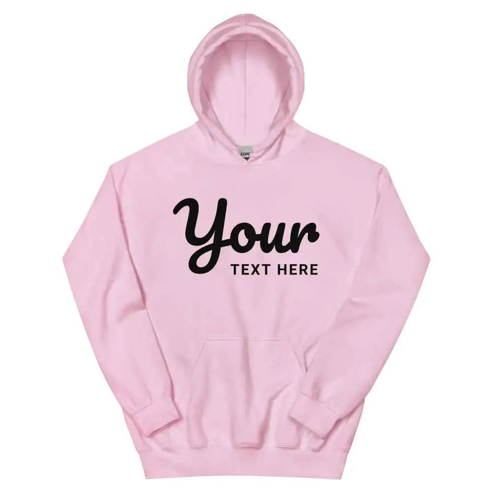 Pink premium unisex hoodie with custom text design in soft cotton