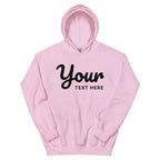 Pink premium unisex hoodie with custom text design in soft cotton