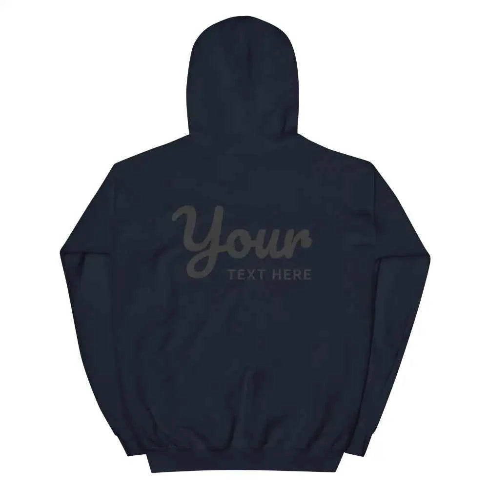 Navy blue premium unisex hoodie with custom text design on back