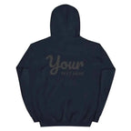 Navy blue premium unisex hoodie with custom text design on back