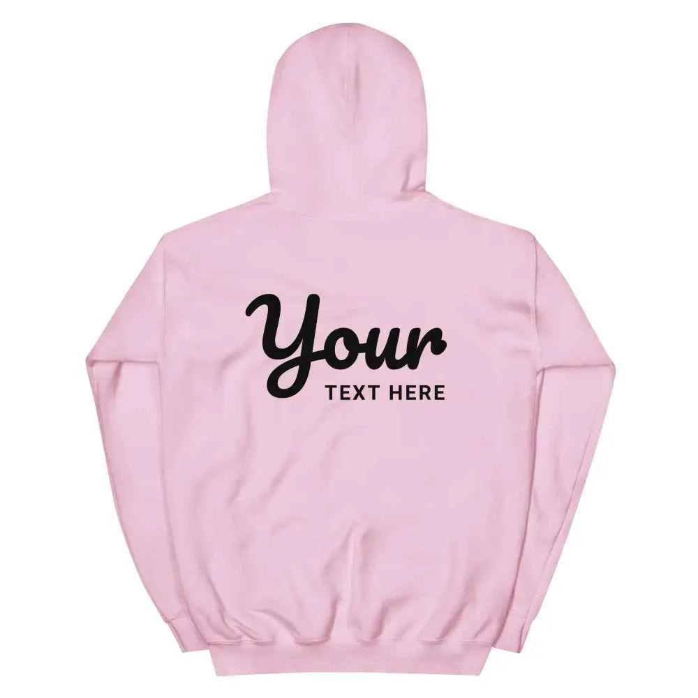 Pink premium unisex hoodie with black custom text design