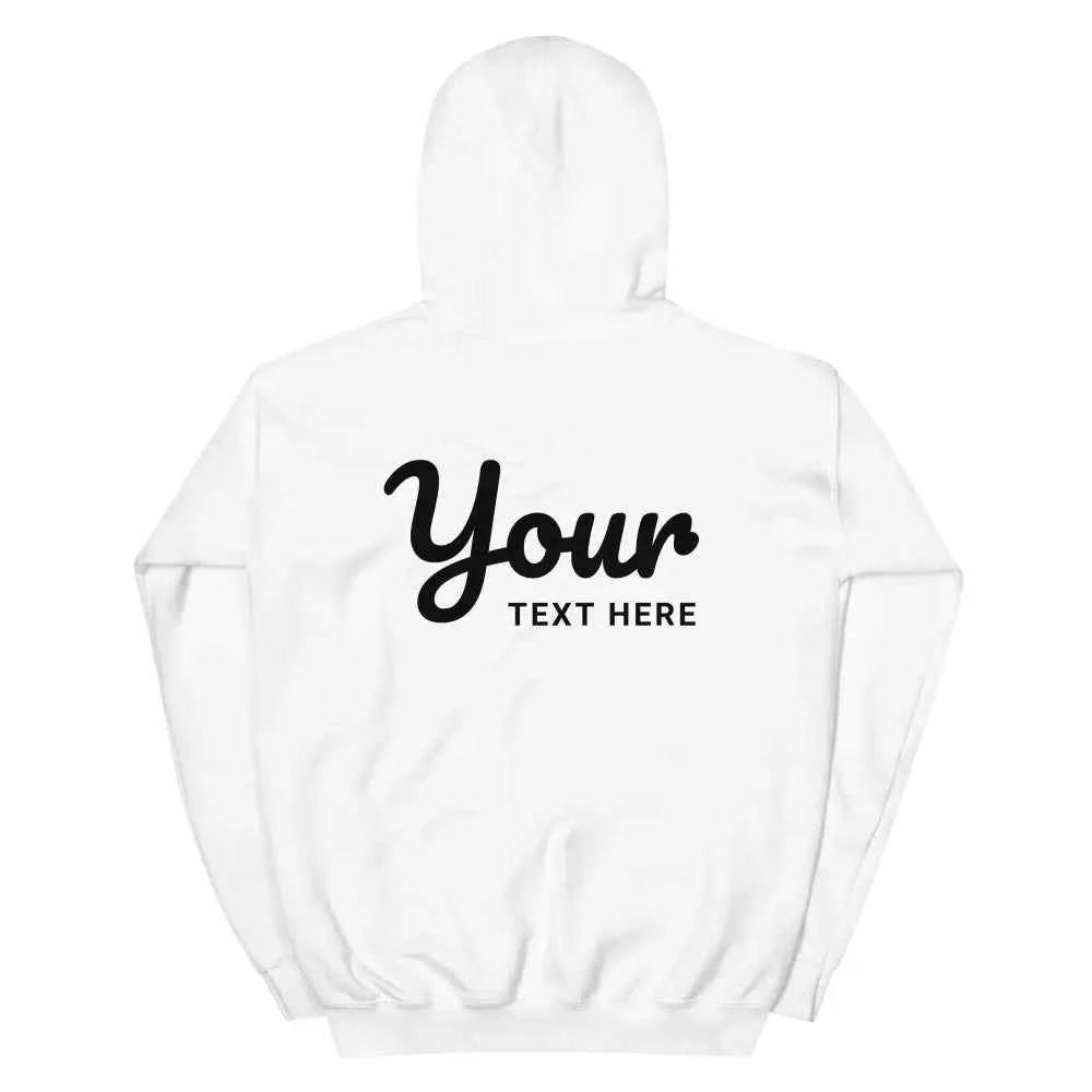 White premium unisex hoodie with black custom text design