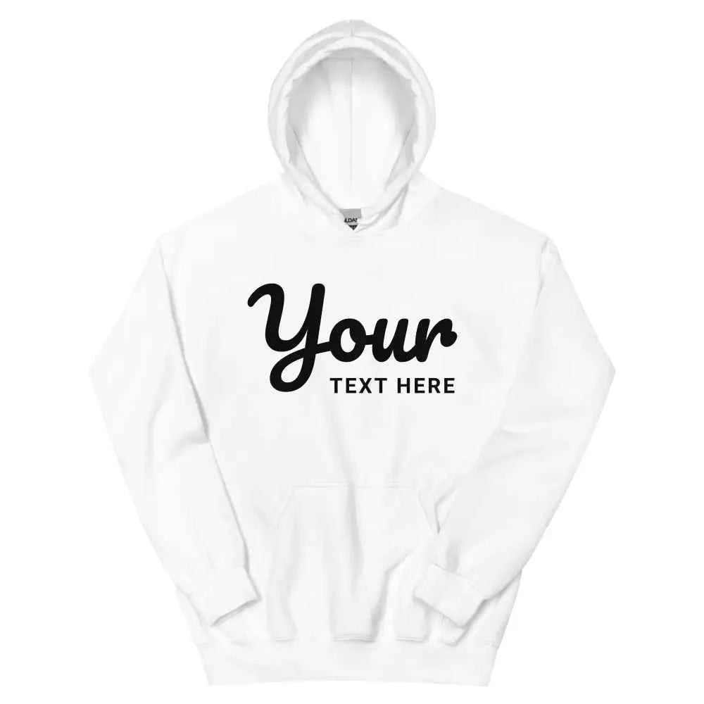 White premium unisex hoodie with black custom text design