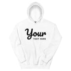 White premium unisex hoodie with black custom text design
