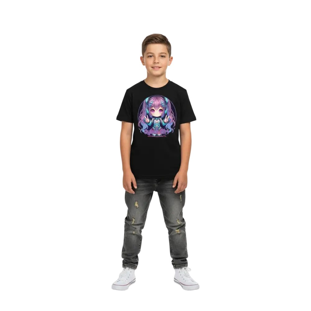 Cyber girl anime graphic tee for kids: black short-sleeved t-shirt with vibrant circular character in white outfit