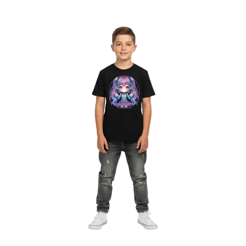 Cyber girl anime graphic tee for kids: black short-sleeved t-shirt with vibrant circular character in white outfit