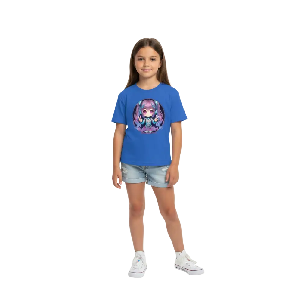 Cyber Girl Anime Kids Graphic Tee: blue short-sleeved kids clothing with purple-blue anime character