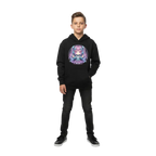 Cyber girl anime hoodie for kids with vibrant purple-blue graphic