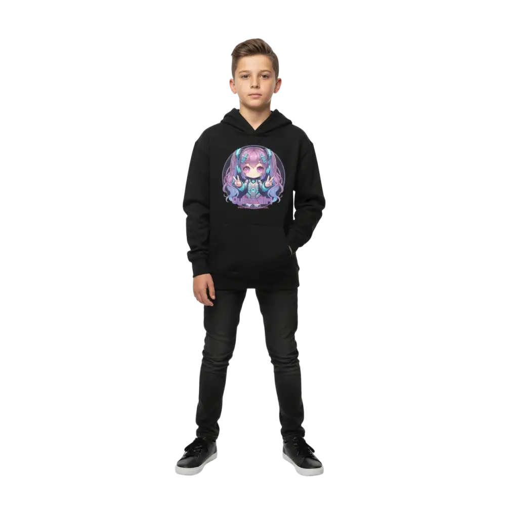 Cyber girl anime hoodie for kids with vibrant purple-blue graphic