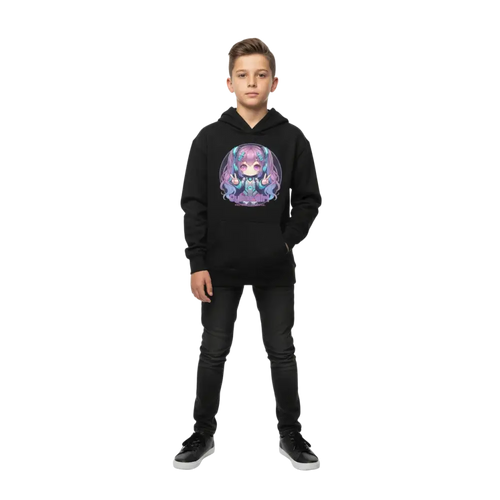 Cyber girl anime hoodie for kids with vibrant purple-blue graphic
