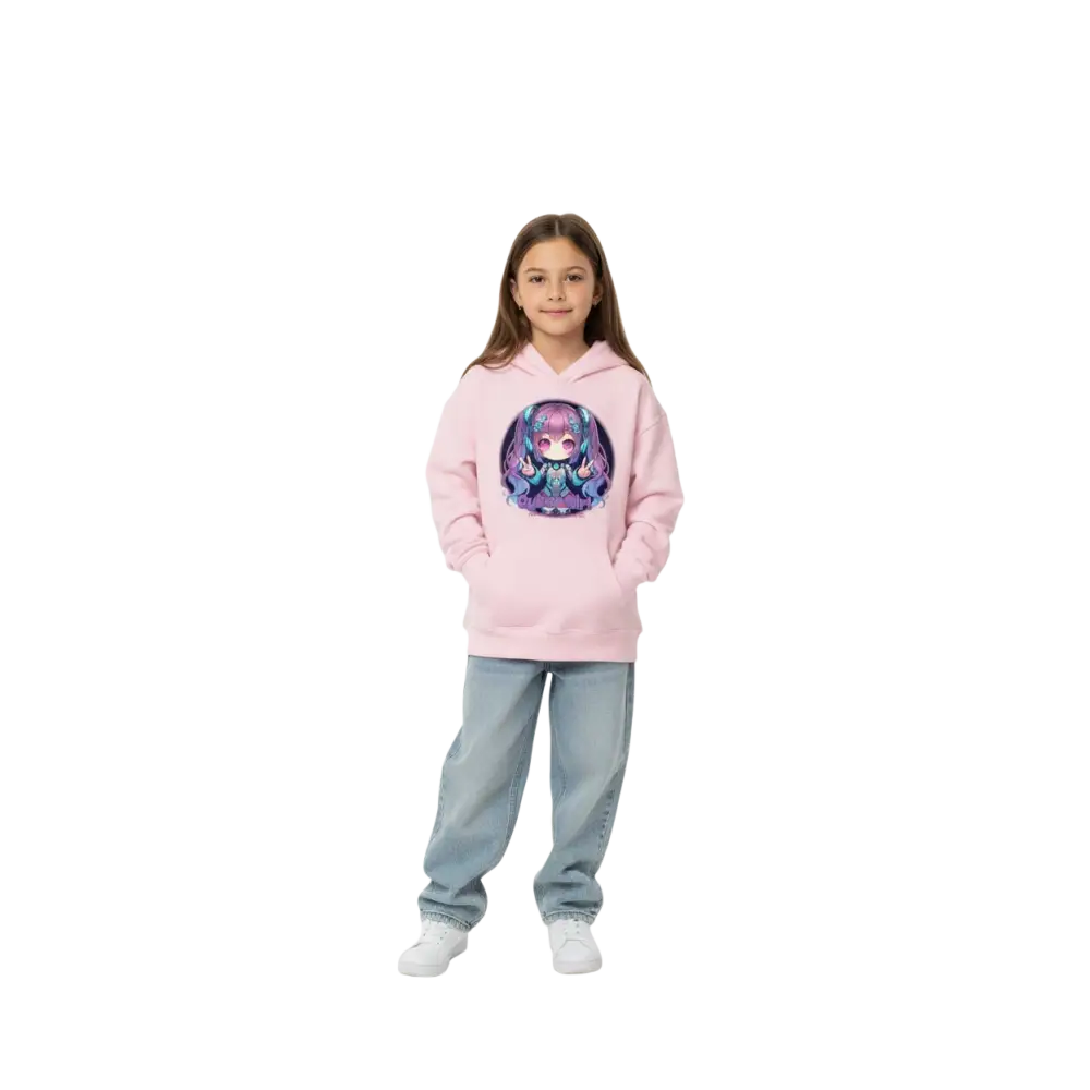 Cyber Girl Anime Kids Hoodie: pink sweatshirt with purple-haired anime character graphic