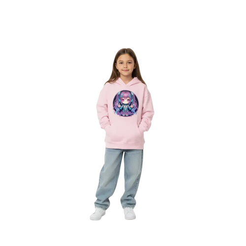 Cyber Girl Anime Kids Hoodie: pink sweatshirt with purple-haired anime character graphic