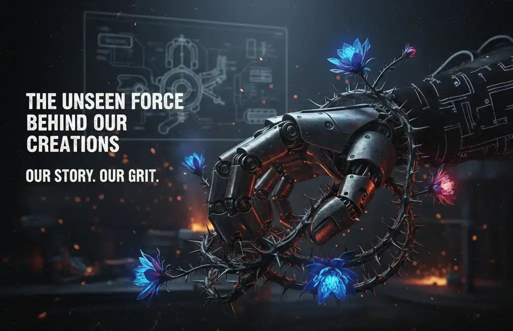 Cyberpunk-inspired robotic arm with intricate metalwork and glowing blue accents.