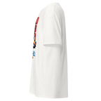 White Dad Bod Beer Man graphic tee with cartoon character and geometric shapes on back