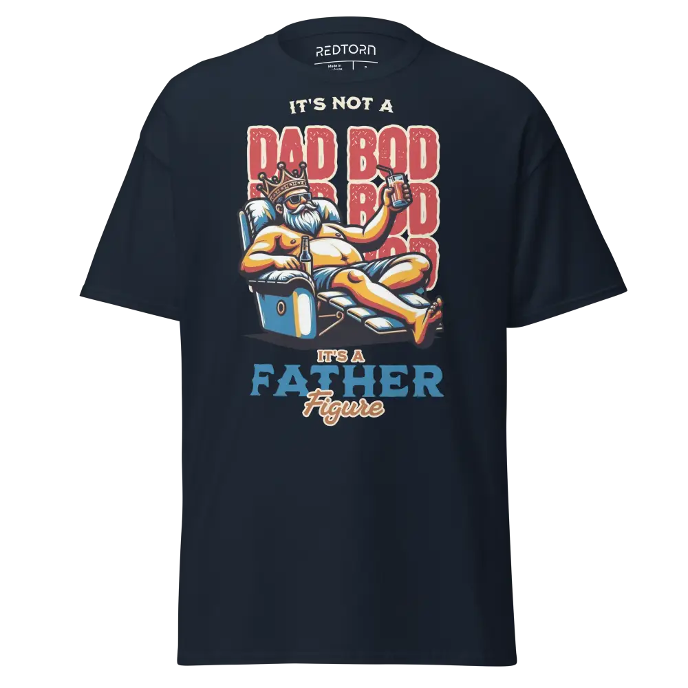 Navy blue dad bod beer man graphic tee with bearded lounger holding mug
