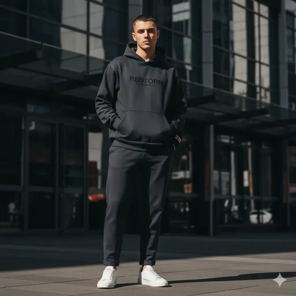 Dark gray Redtorn hoodie with black logo, luxury streetwear brands.