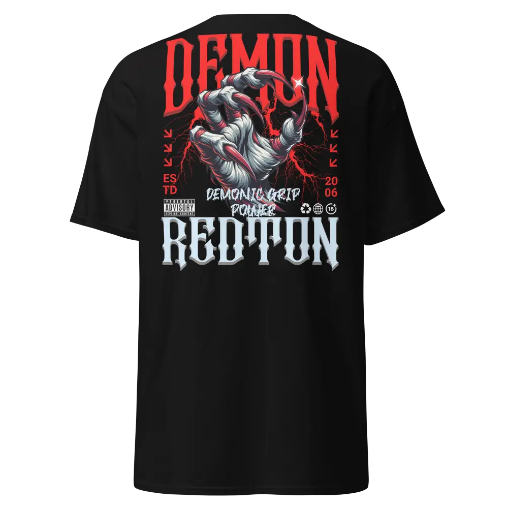 Demonic Grip Big Tee: black cotton unisex classic with red demonic text
