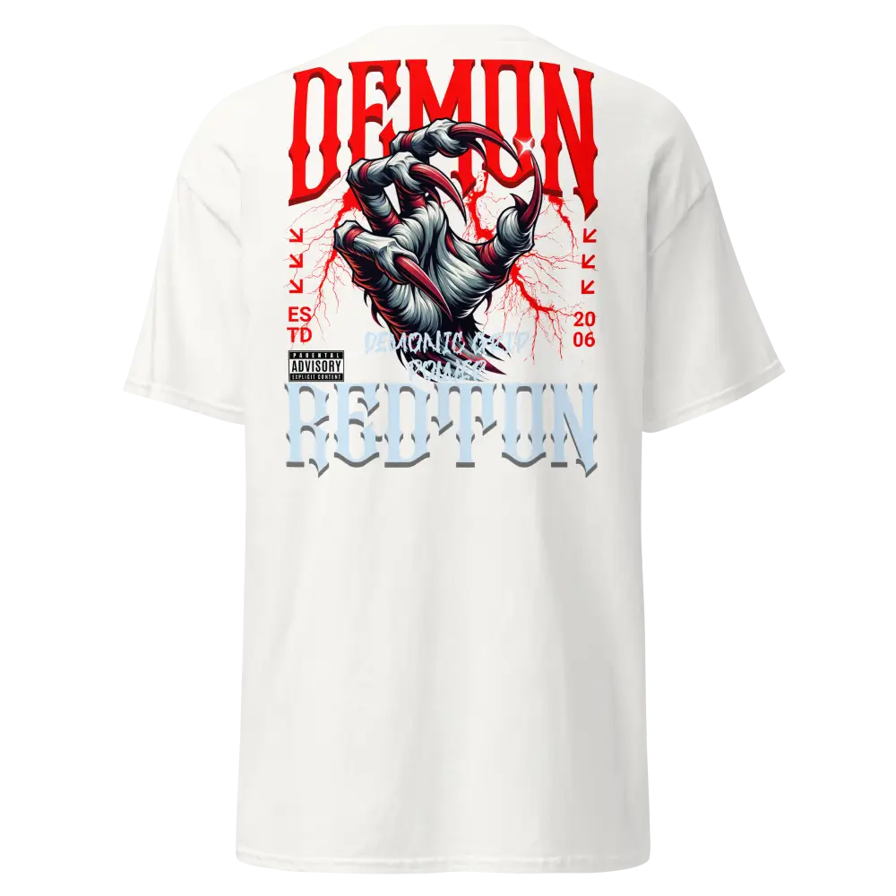 Demonic Grip Big Tee: cotton unisex classic red t-shirt with muscular arm graphic