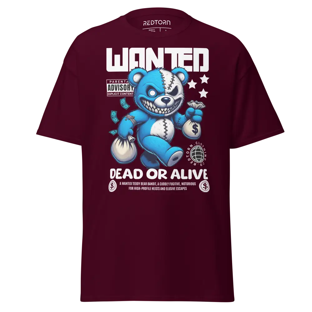 Wanted Bear Cotton Unisex Classic Tee: burgundy t-shirt with cartoon bear design, blue and white accents