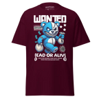 Wanted Bear Cotton Unisex Classic Tee: burgundy t-shirt with cartoon bear design, blue and white accents