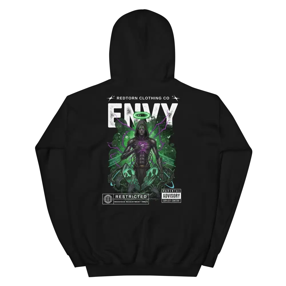 Envy Hoodie from Deadly Sins Collection: black streetwear with armored figure