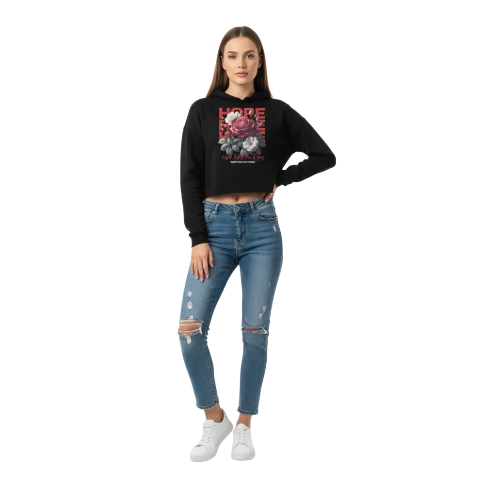Eternal hope floral rose crop hoodie in black with red, white, gray graphic