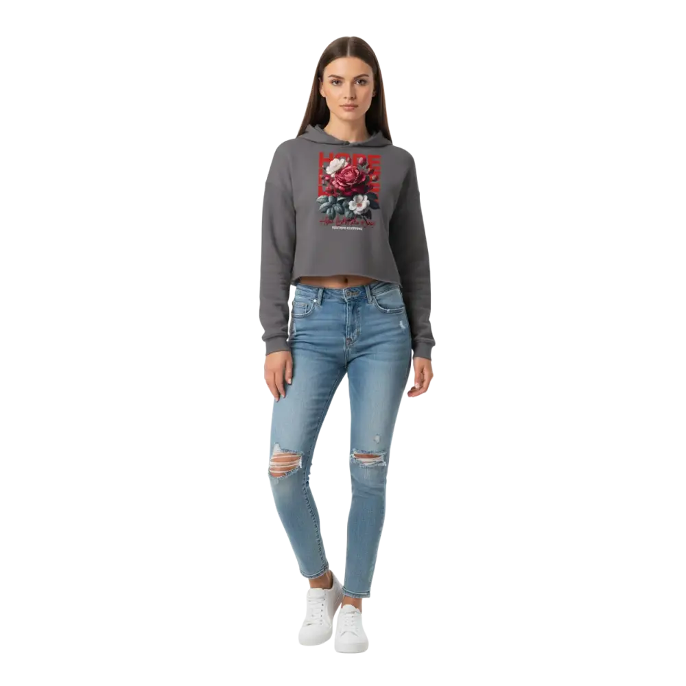Gray Eternal Hope Floral crop hoodie with red and white rose graphic