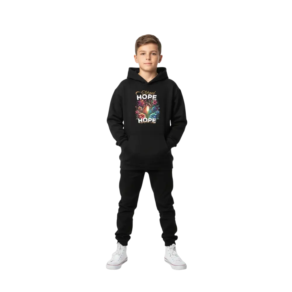 Eternal hope floral kids hoodie with black fabric, white and gold text, abstract colorful flowers
