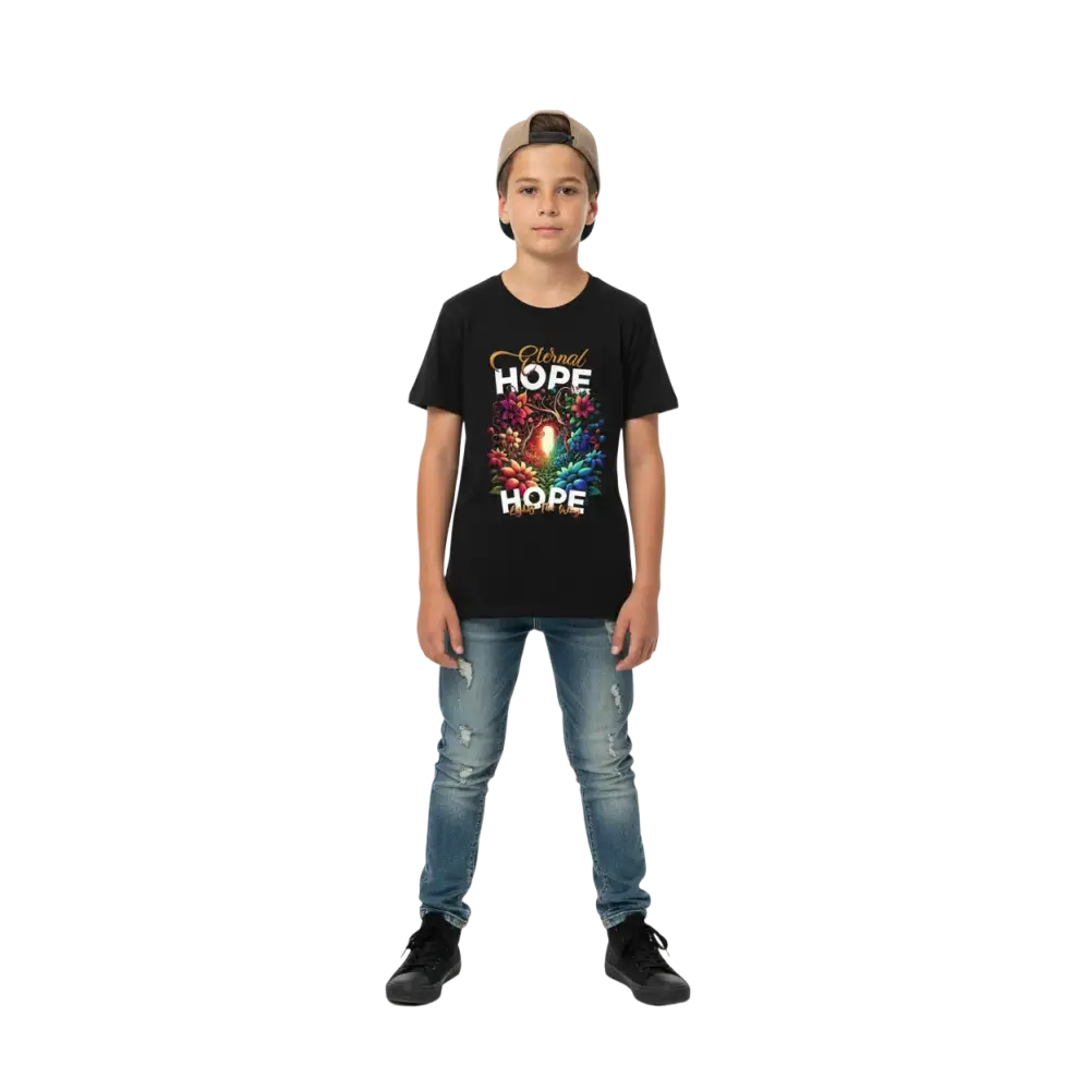 Eternal Hope Floral kids tee: black shirt with gold and white lettering above colorful glowing floral design