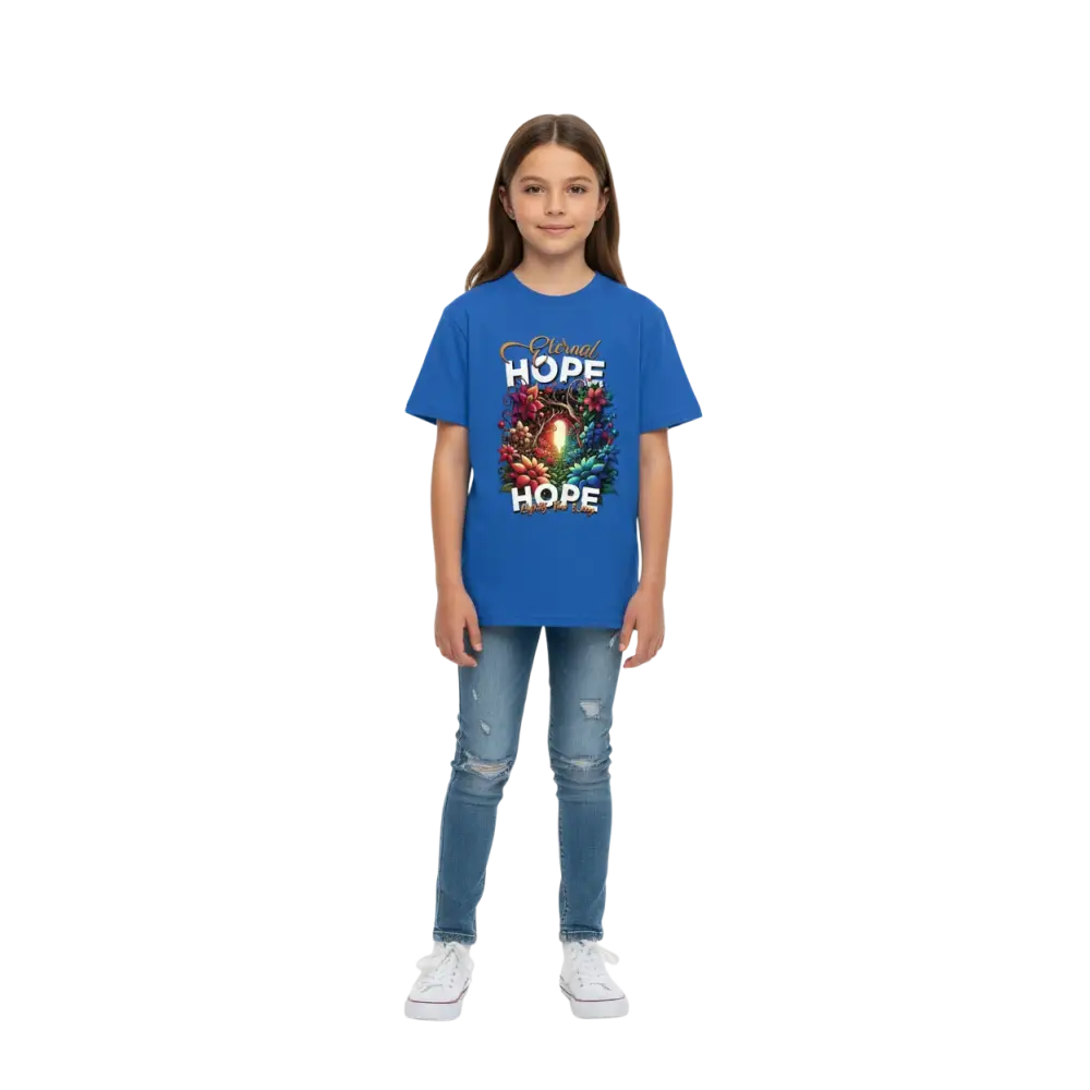Eternal Hope Floral Kids Tee: blue short-sleeve stylish kids clothing with white gold text and floral egg design