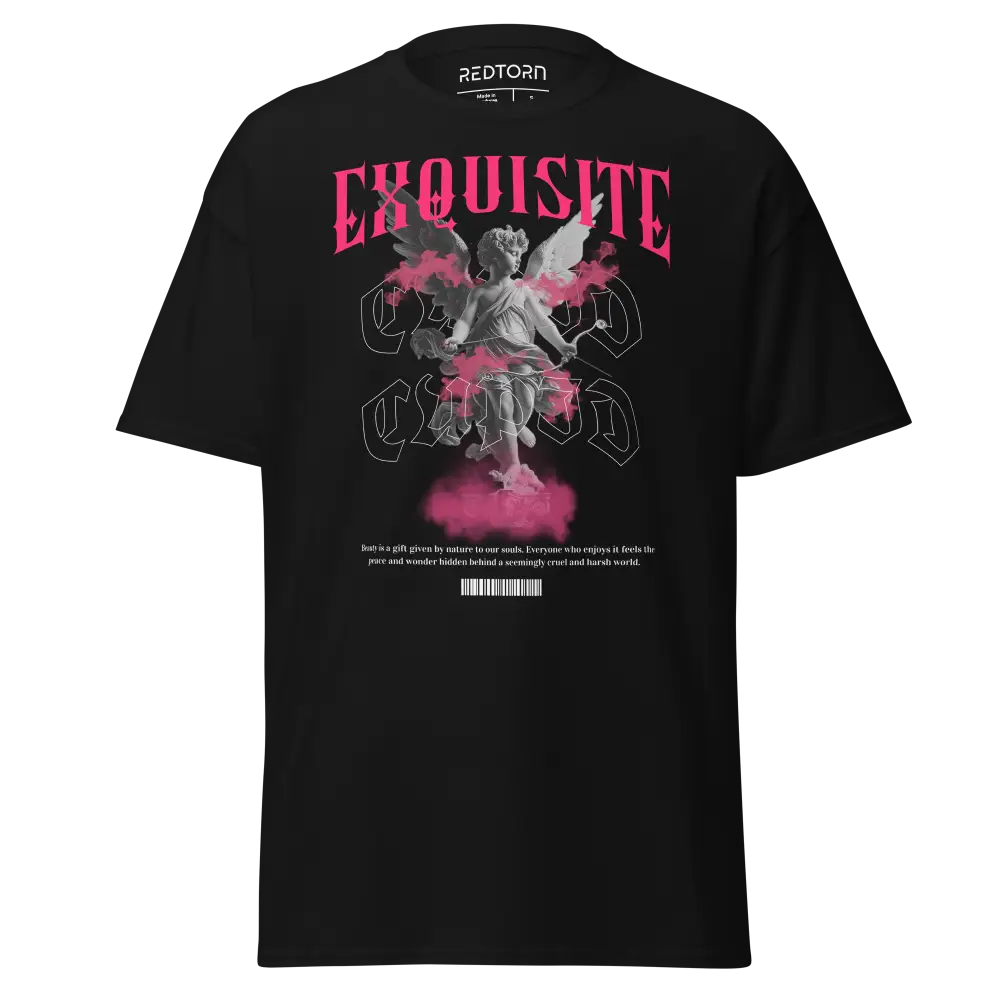 Exquisite Cupid graphic cotton classic black tee with pink woman in flight design and redtoan brand