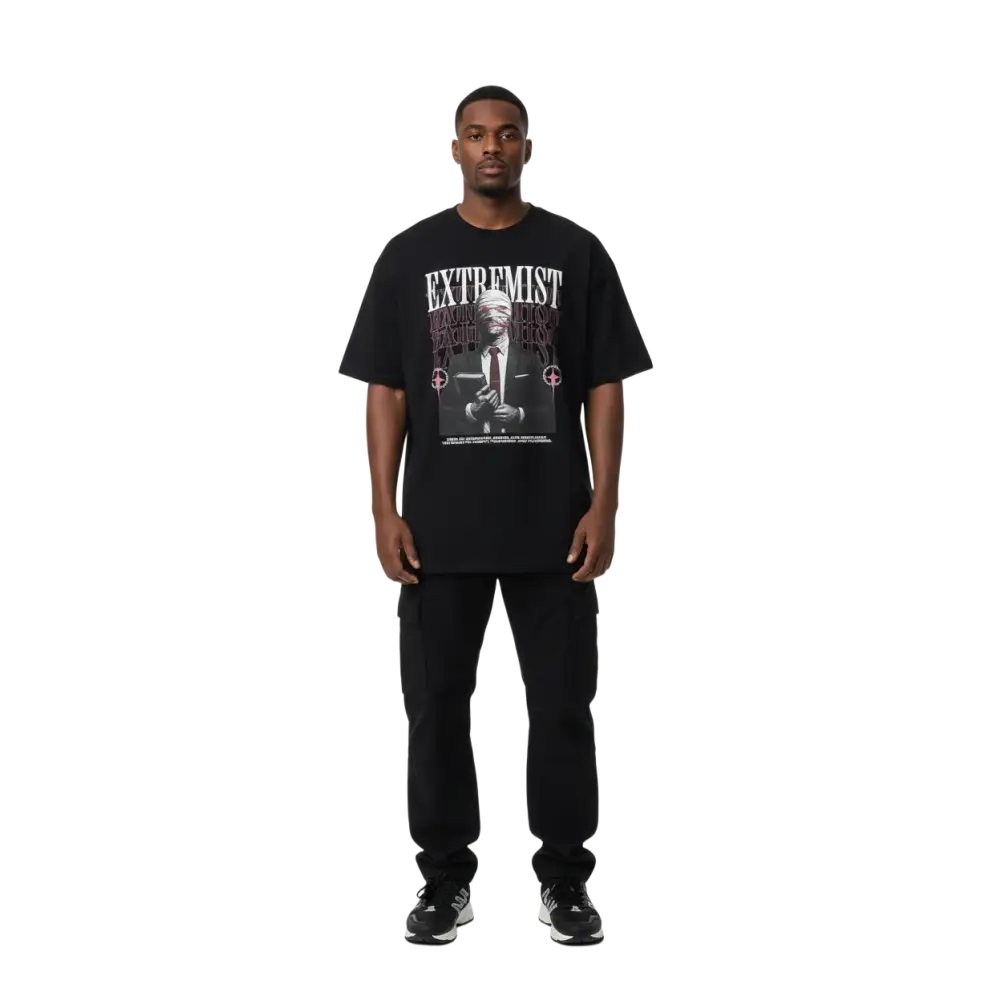 Black cotton unisex classic graphic tee with extremist mummy print