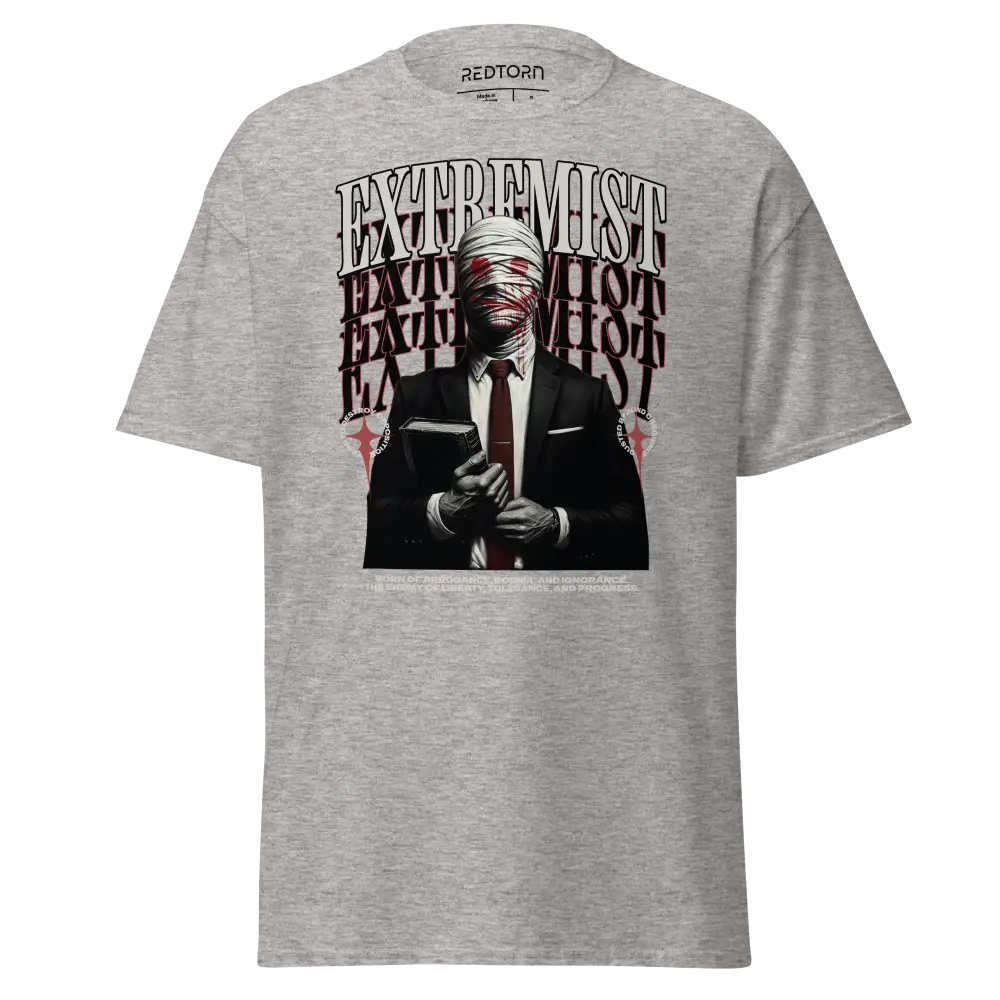 Cotton unisex classic graphic tee: extremist suit man design in unapologetic style