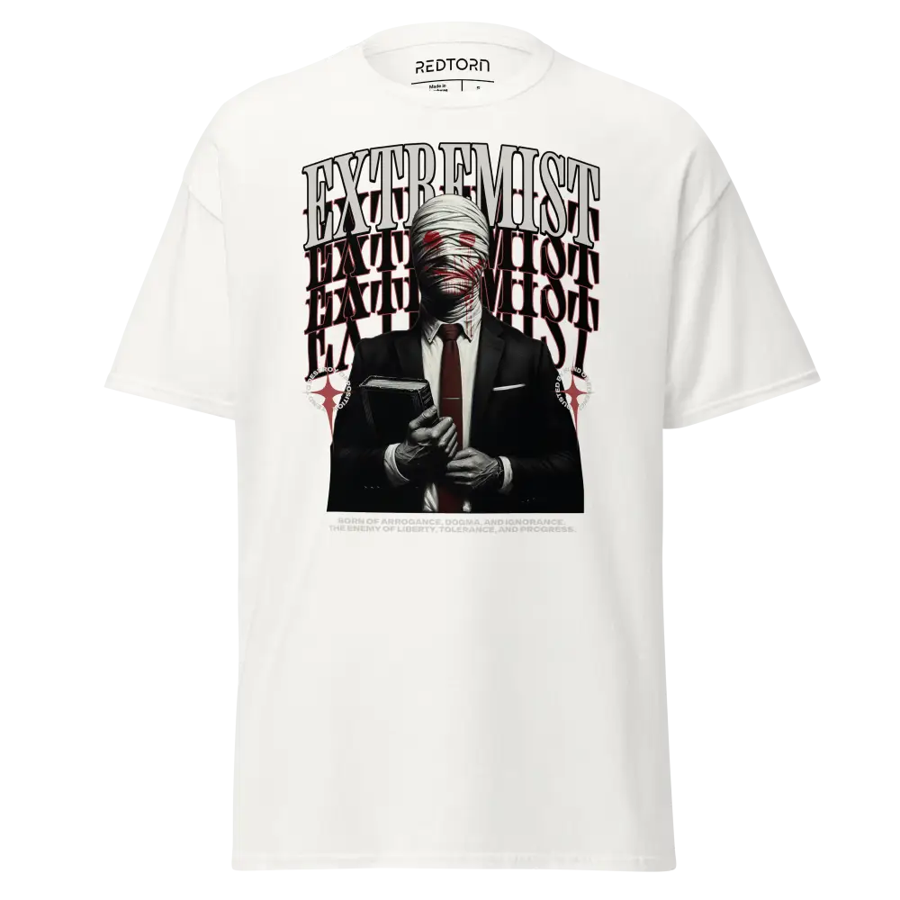 Cotton unisex classic graphic tee with extremist suit man design